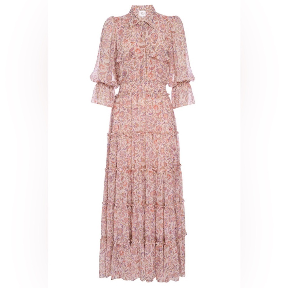 MISA Los Angeles Blush Pink Floral Maxi Dress XS Tiered Puff Sleeve Boho Prairie